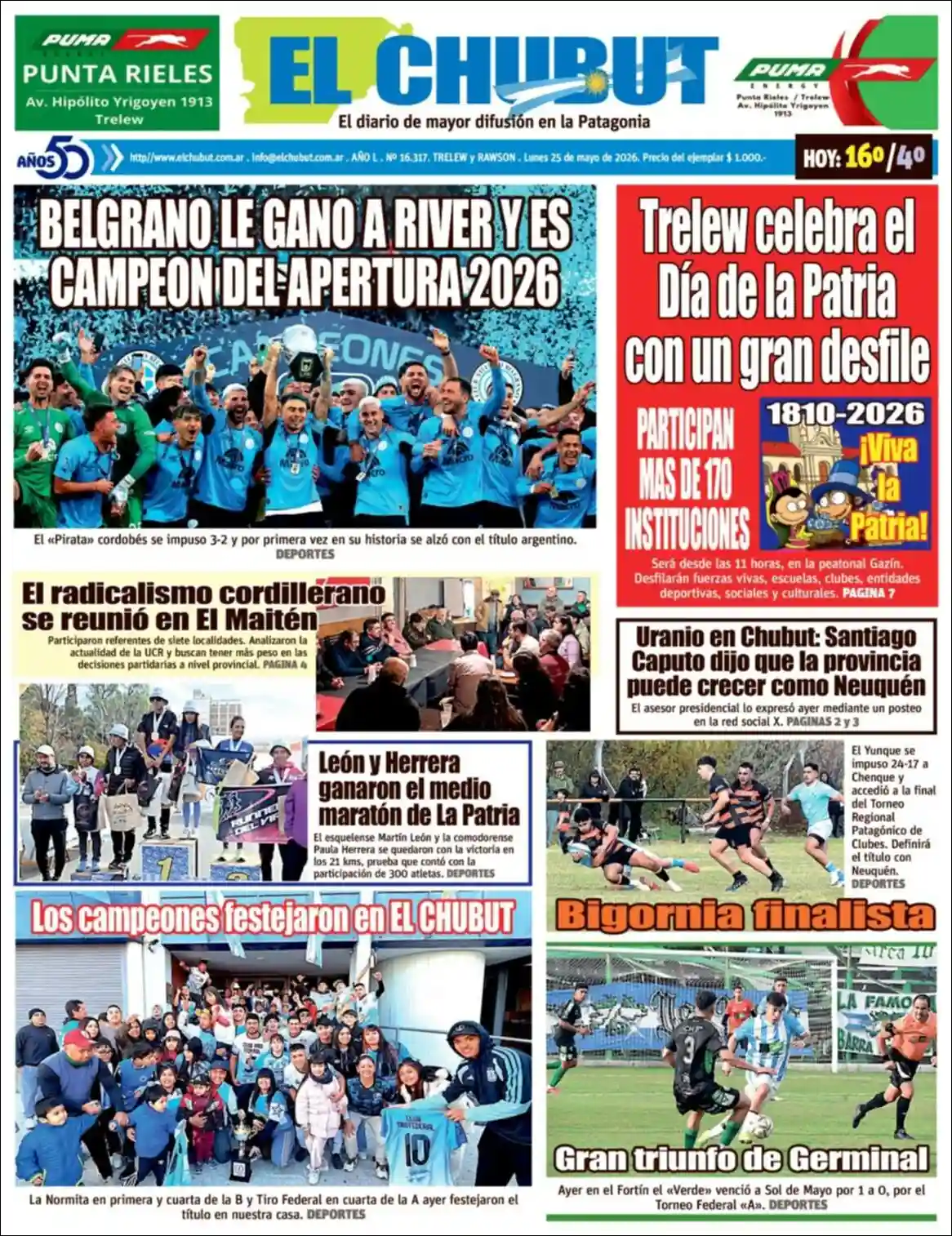 Tapa del diario El Chubut