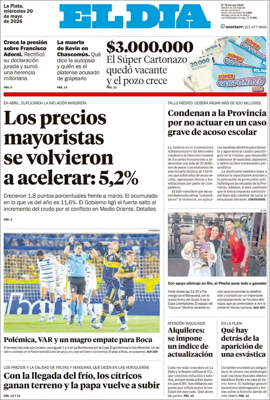 Tapa del diario El Dia