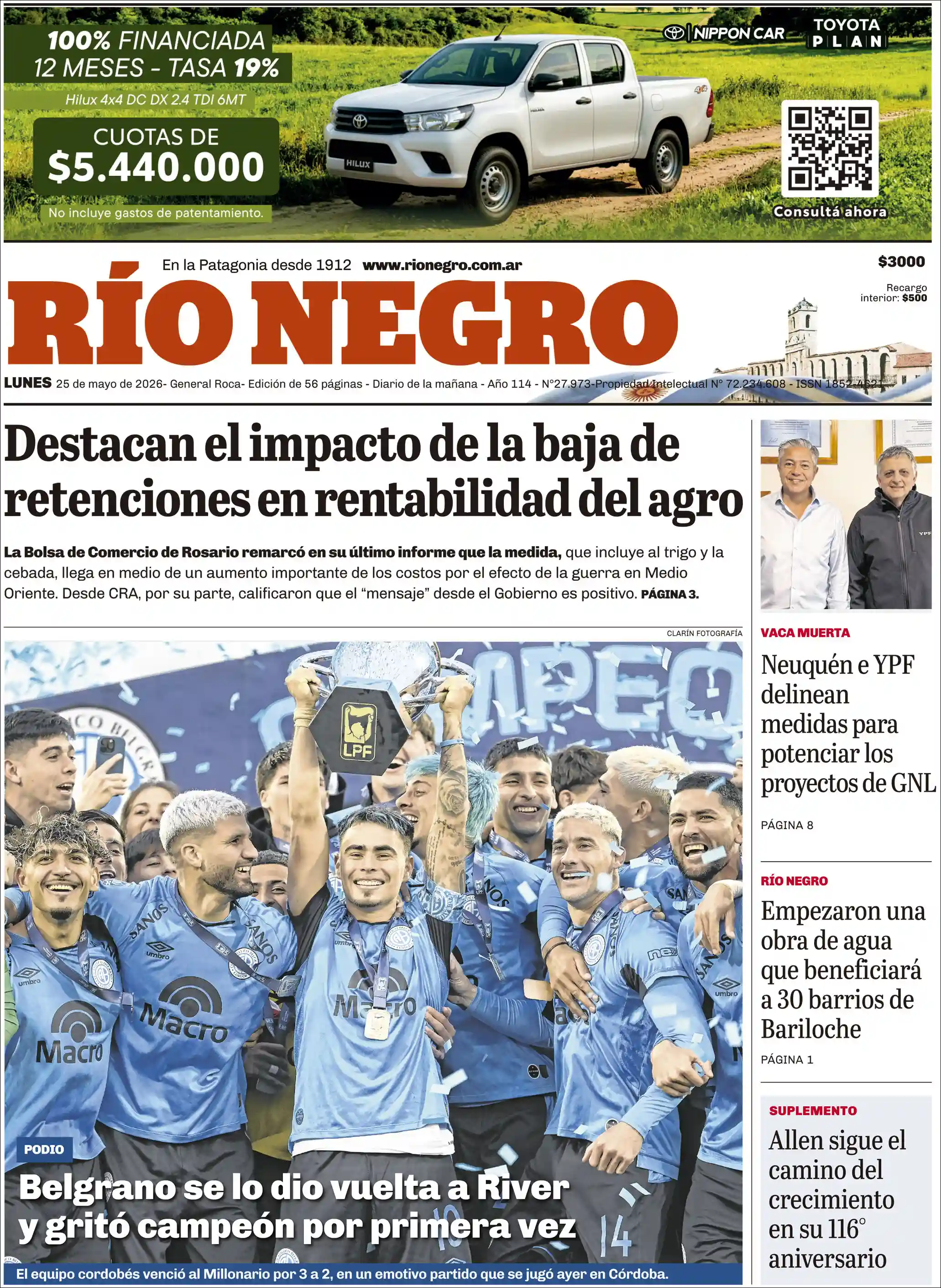 Tapa del diario Rio Negro